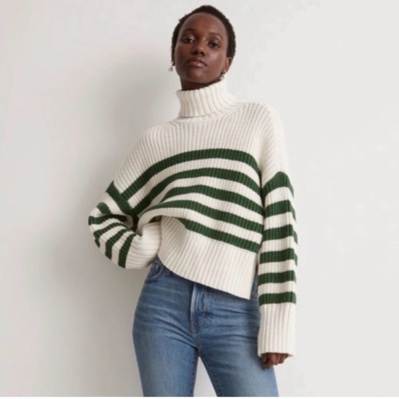 Madewell Sweaters - Madewell White and Green Striped Turtleneck Sweater